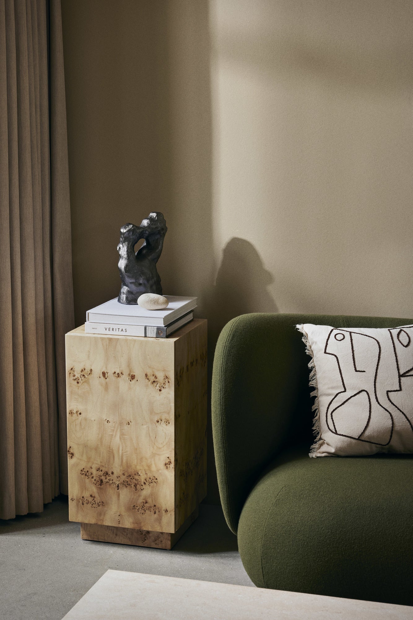 Burl side table with cabinet, natural