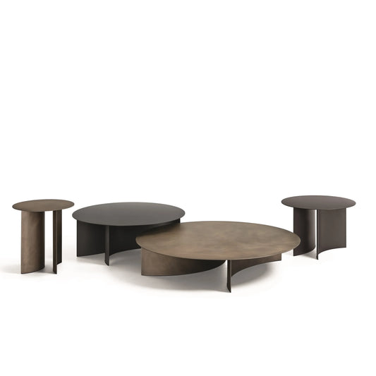 Flou 'PIERRE' Round Metal Coffee Table: A Table Language of Layering and Combination Completed with a Curved Base