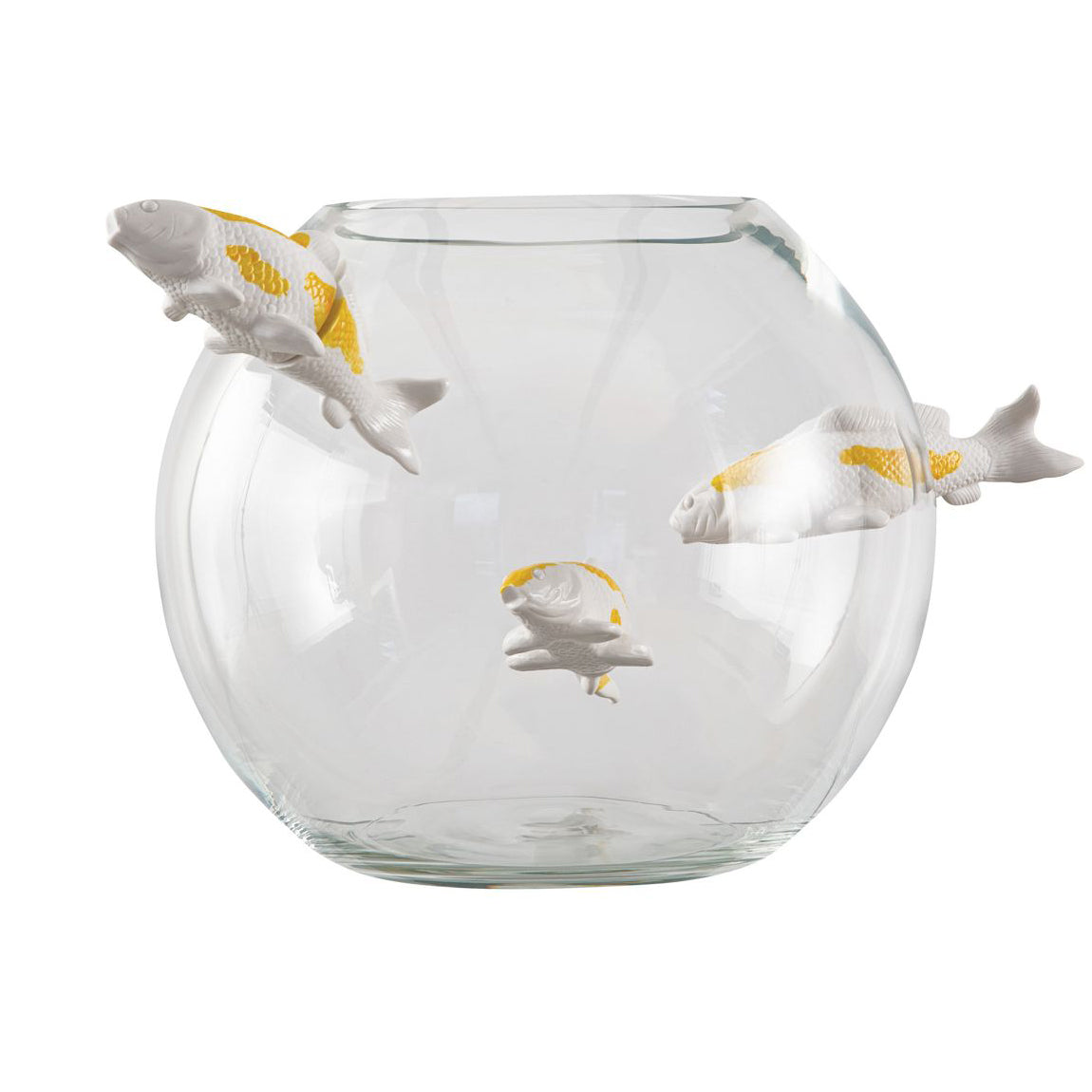 NO LIMIT Mouth-blown glass vase with 3 enamelled porcelain fishes by Roche Bobois #White & Yellow