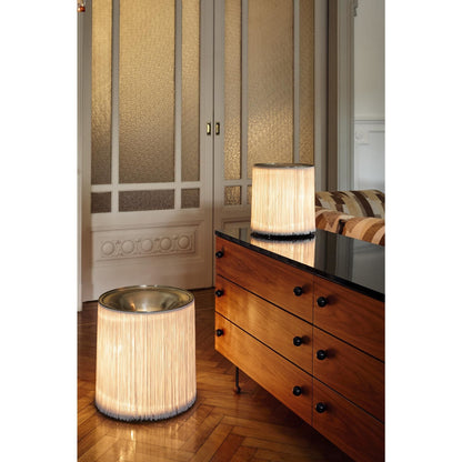 Model 597 Table Lamp Polished Aluminum/Cream Fringe