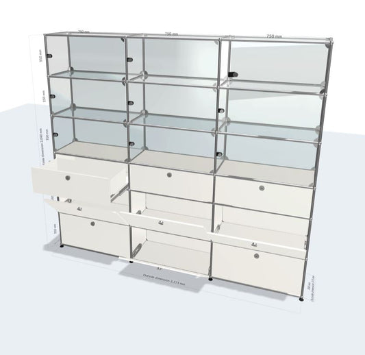 3x6 Module System (6 drop down doors, 3 drawers, 9 glass doors with left handle) [W(750+750+750)XD350xH(350+350+250+350+350+350)]