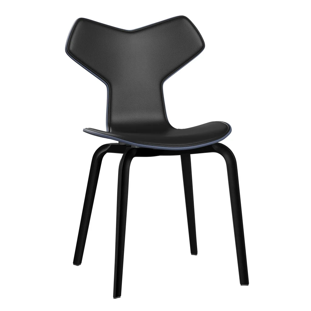 Grand Prix™ - 4130, Front Upholstered (Shell - Coloured Veneer / Ash - Dusk Blue (855) / Upholstery Material - Aura Leather / Base - Coloured Veneer / Ash - Black (195) / Seat height - 46 cm / feet with felt - Yes) by Fritz Hansen #Aura Leather / Black