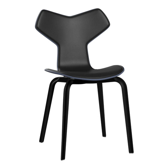 Grand Prix™ - 4130, Front Upholstered (Shell - Coloured Veneer / Ash - Dusk Blue (855) / Upholstery Material - Aura Leather / Base - Coloured Veneer / Ash - Black (195) / Seat height - 46 cm / feet with felt - Yes) by Fritz Hansen #Aura Leather / Black