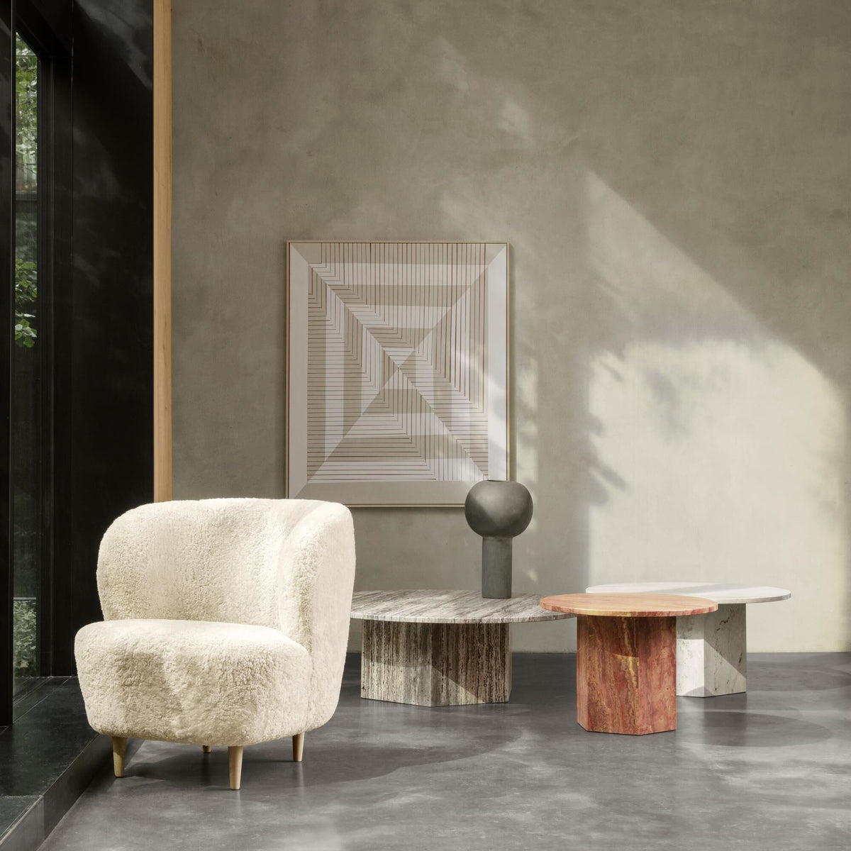 Stay Lounge Chair Upholstered In Sheepskin Moonlight With Oak Base