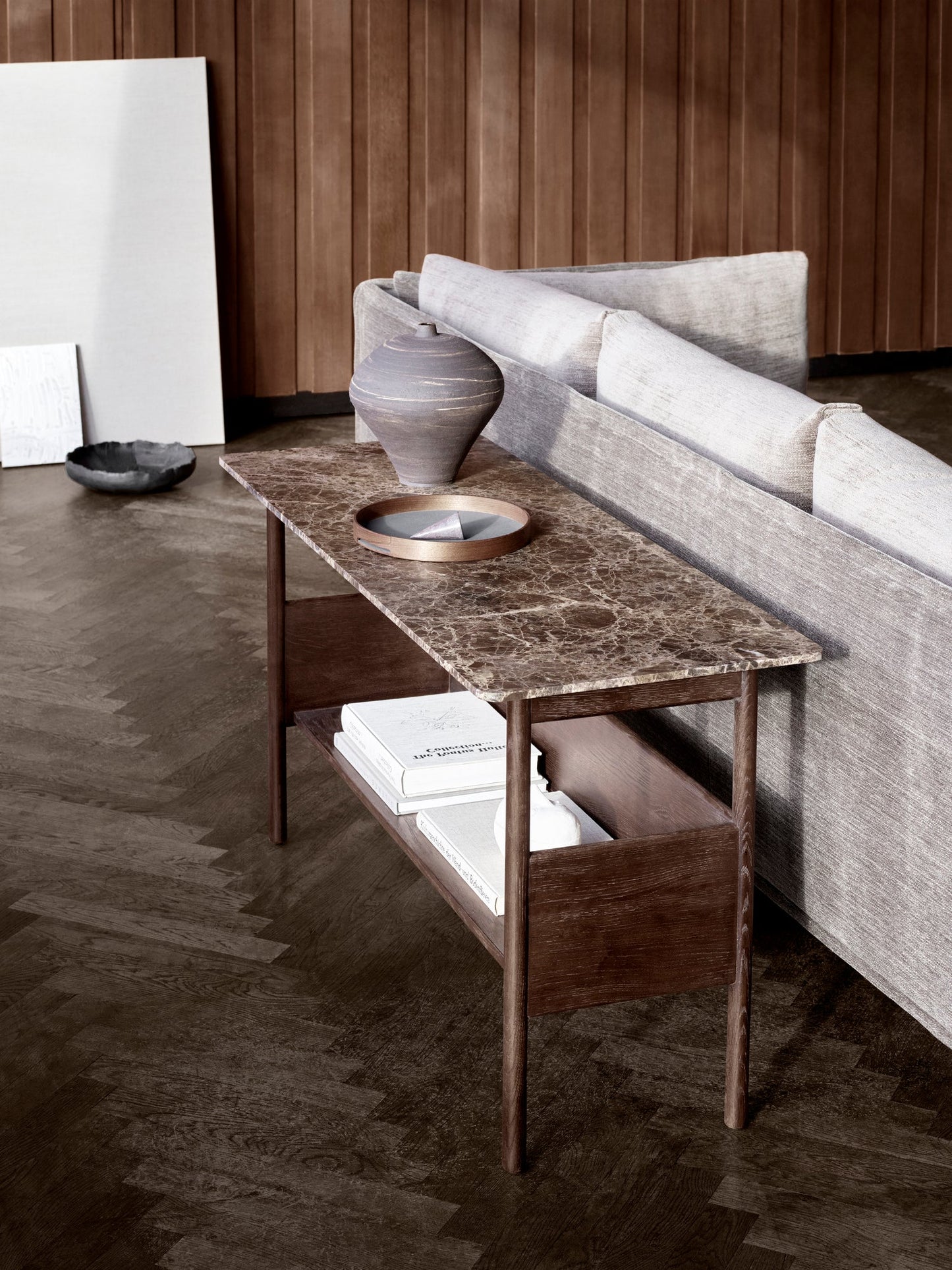Collect console side table, low, dark brown - Emperador marble
