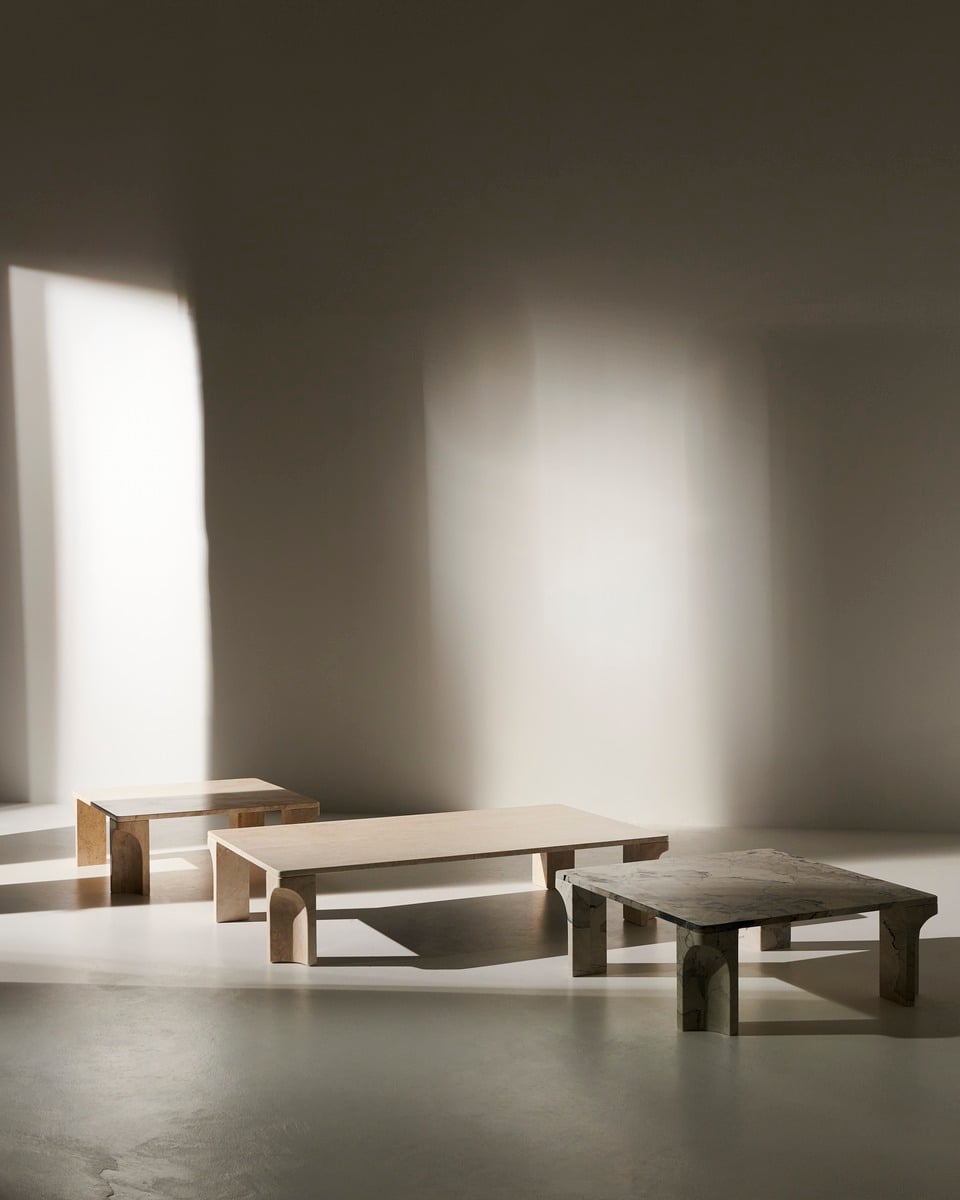 Doric coffee table, 80 x 80 cm, neutral white travertine