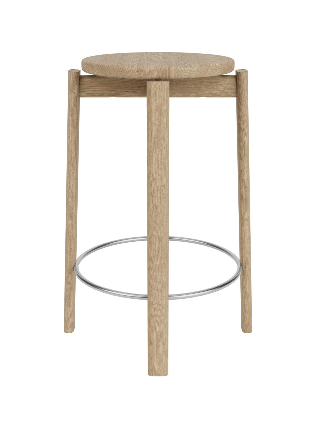 PASSAGE COUNTER STOOL, NATURAL OAK BASE, UPHOLSTERED SEAT, STEEL RING