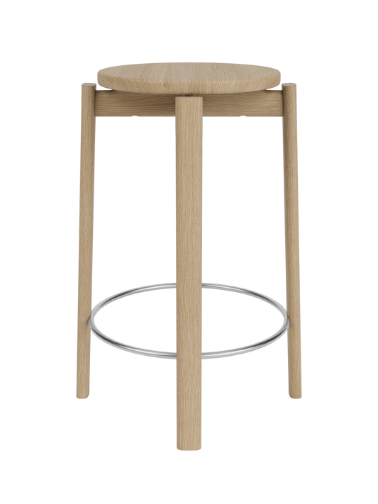 PASSAGE COUNTER STOOL, NATURAL OAK BASE, UPHOLSTERED SEAT, STEEL RING
