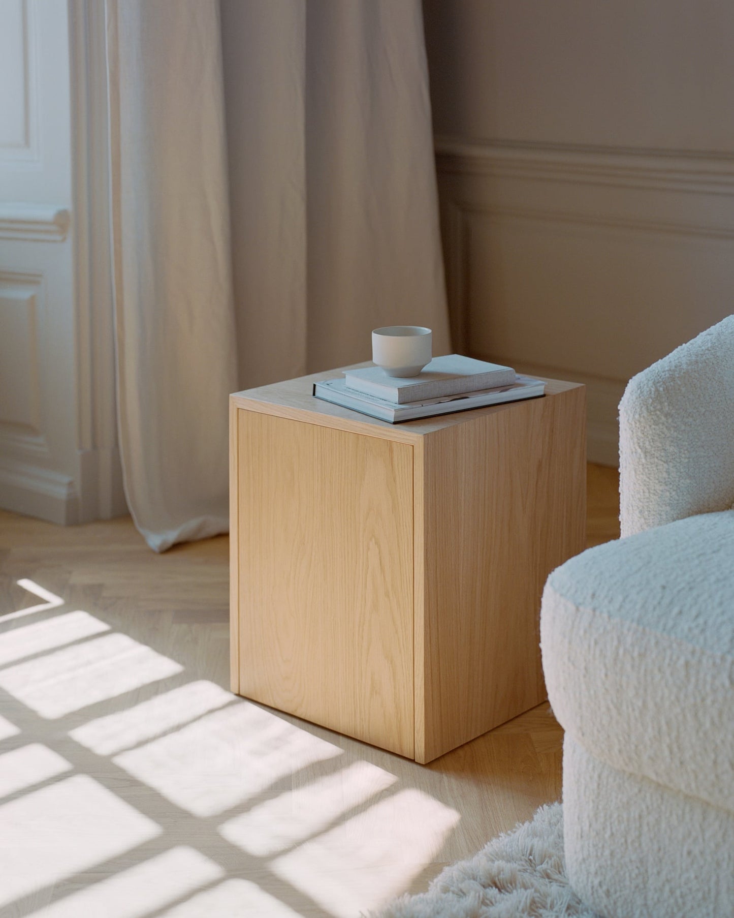 Mass side table with drawer, oak