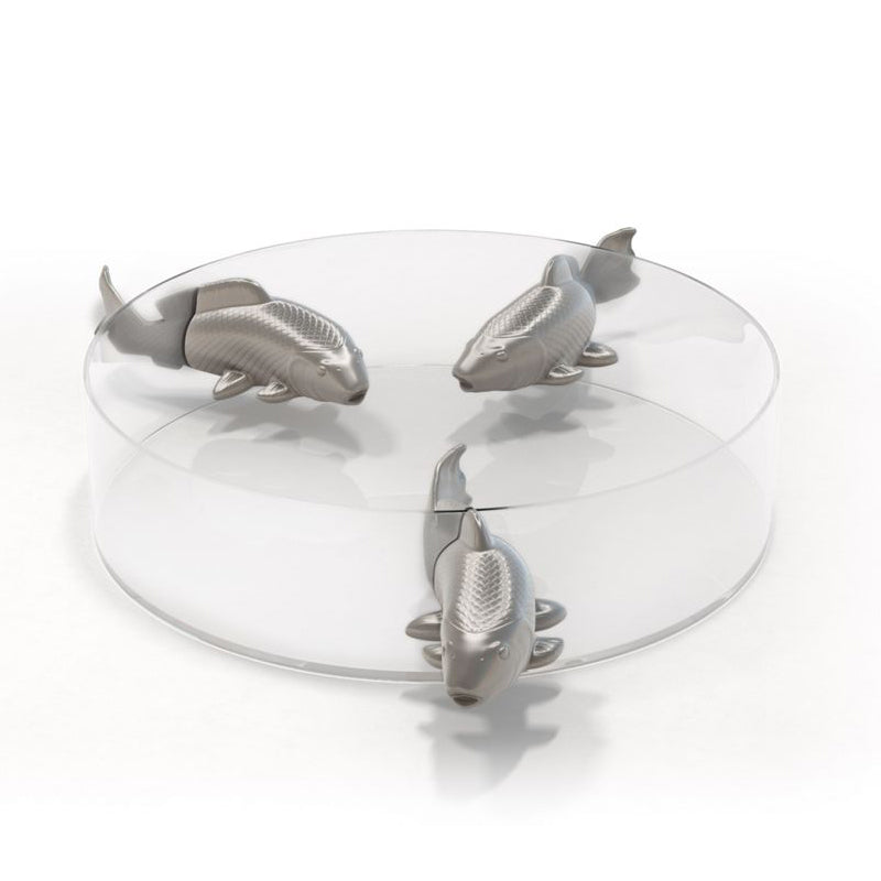 NO LIMIT Mouth-blown glass Bowl with 3 enamelled porcelain fishes by Roche Bobois #Silver-Glazed