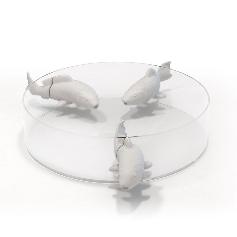 NO LIMIT Mouth-blown glass Bowl with 3 enamelled porcelain fishes by Roche Bobois #White