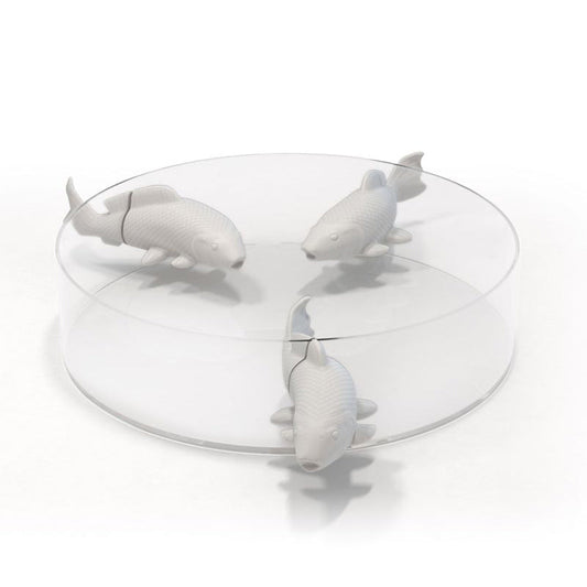NO LIMIT Mouth-blown glass Bowl with 3 enamelled porcelain fishes by Roche Bobois #White