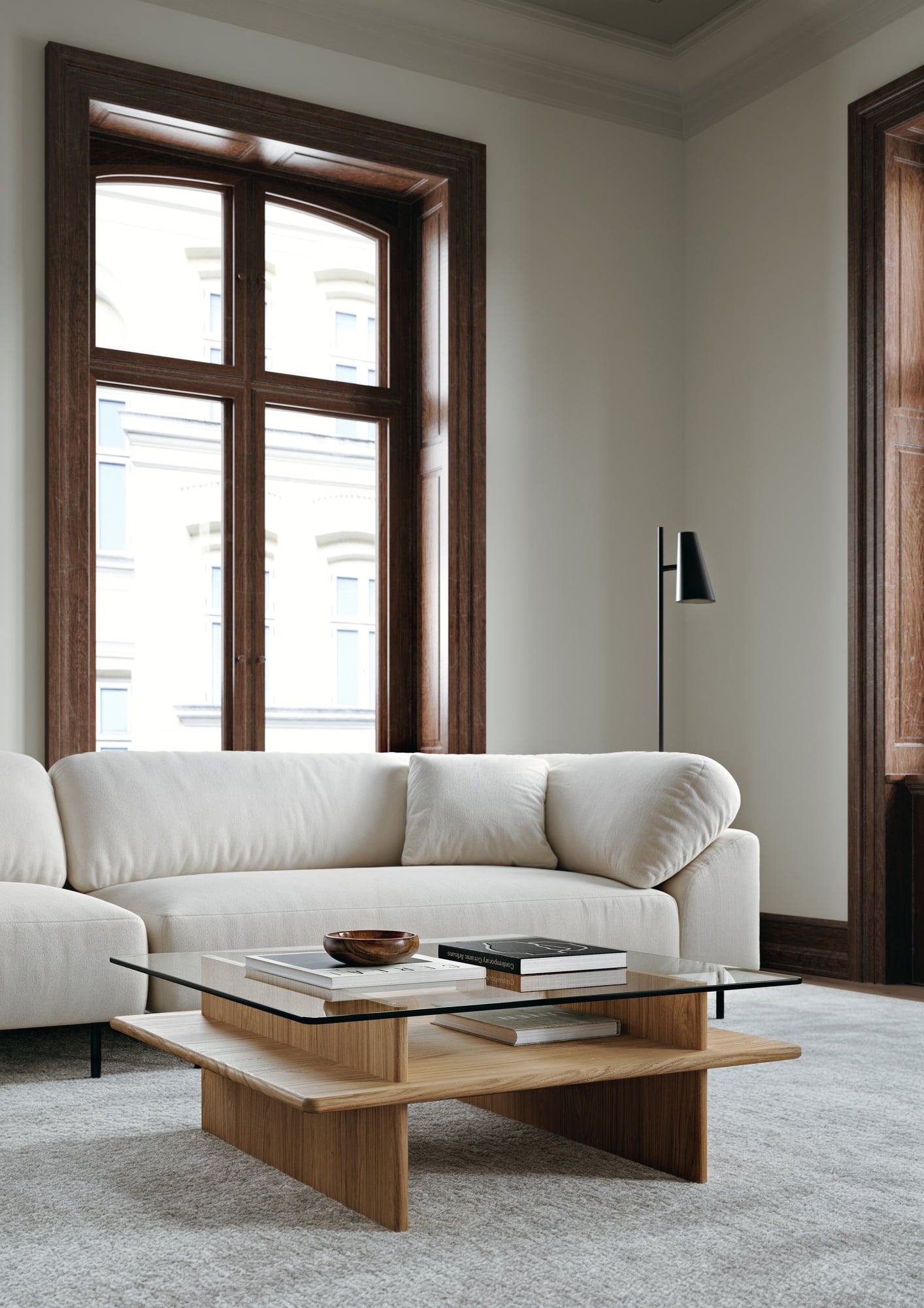Parallel coffee table, 90 x 90 cm, white lacquered oak