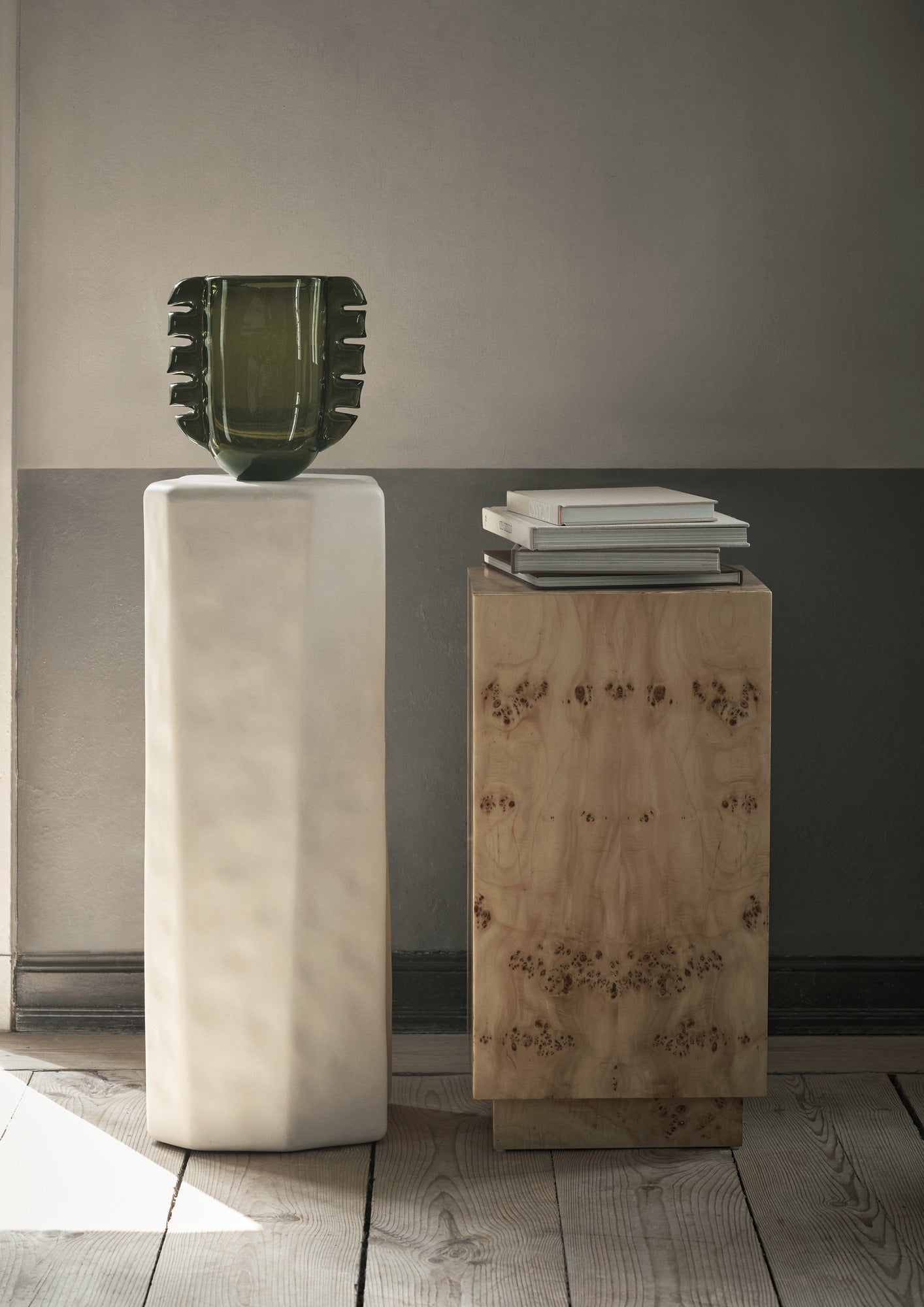 Burl side table with cabinet, natural