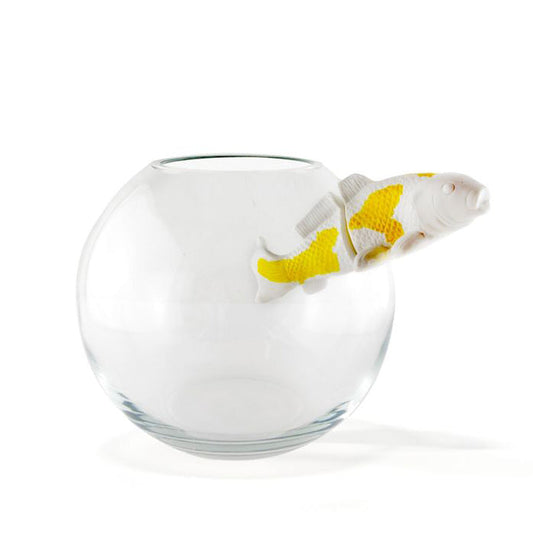 NO LIMIT Mouth-blown glass vase with enamelled porcelain fish by Roche Bobois #White & Gold