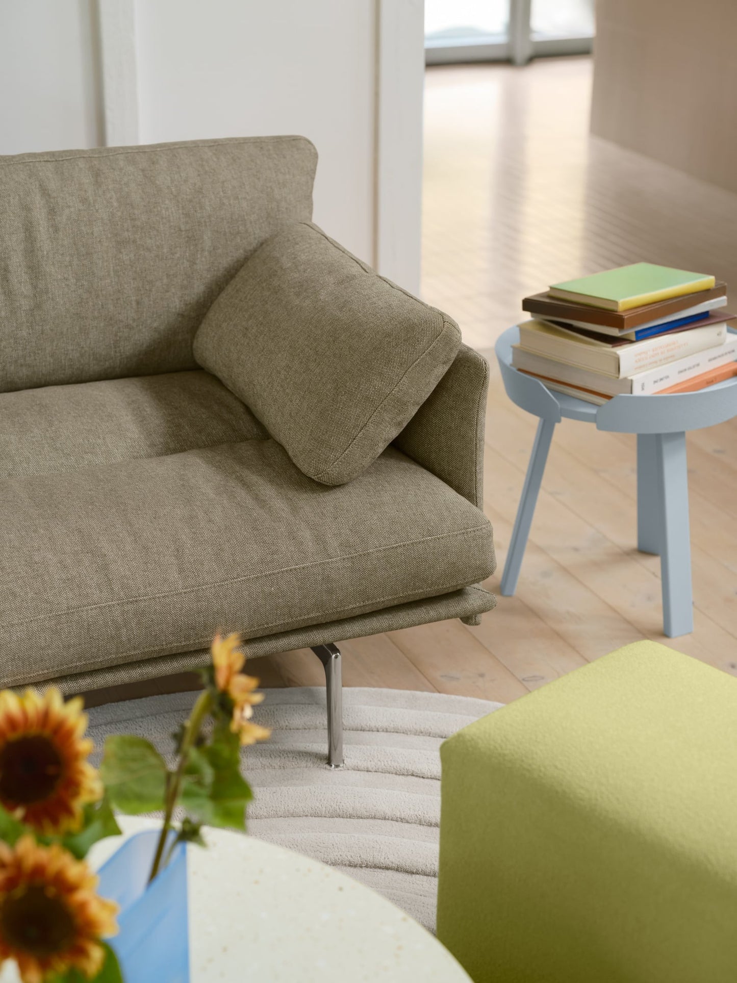 Around coffee table, small, light blue