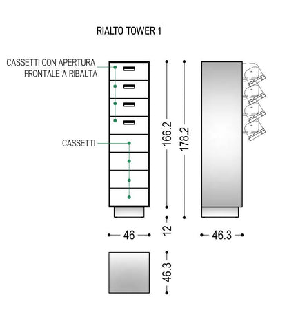 RIALTO Tower 1&2 - Chest of drawers in solid wood and blockboard, with iron or wooden frame