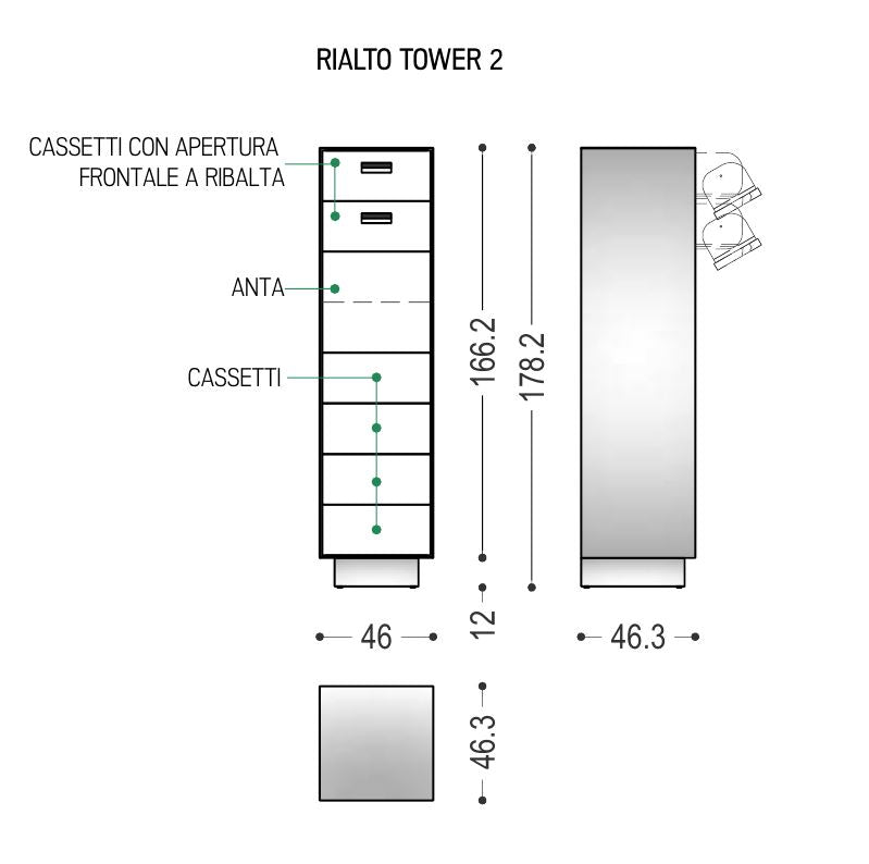 RIALTO Tower 1&2 - Chest of drawers in solid wood and blockboard, with iron or wooden frame
