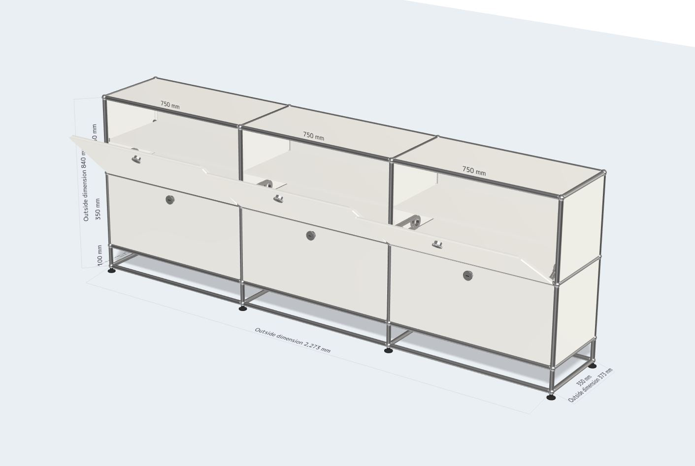 3x3 Modular Sideboard (6 Drop-Down Doors, Legs, 3 Divider Shelves) [W(750+750+750)XD350XH(100+350+350)]