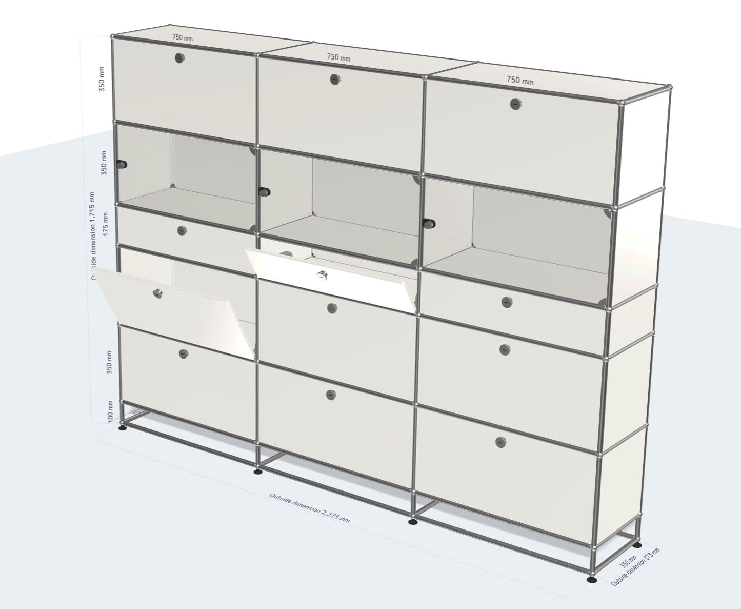 3x6 Module High Board (12 drop down doors, 3 glass doors, 3 open compartments) [W(750+750+750)XD350XH(100+350+175+350+350+350)]