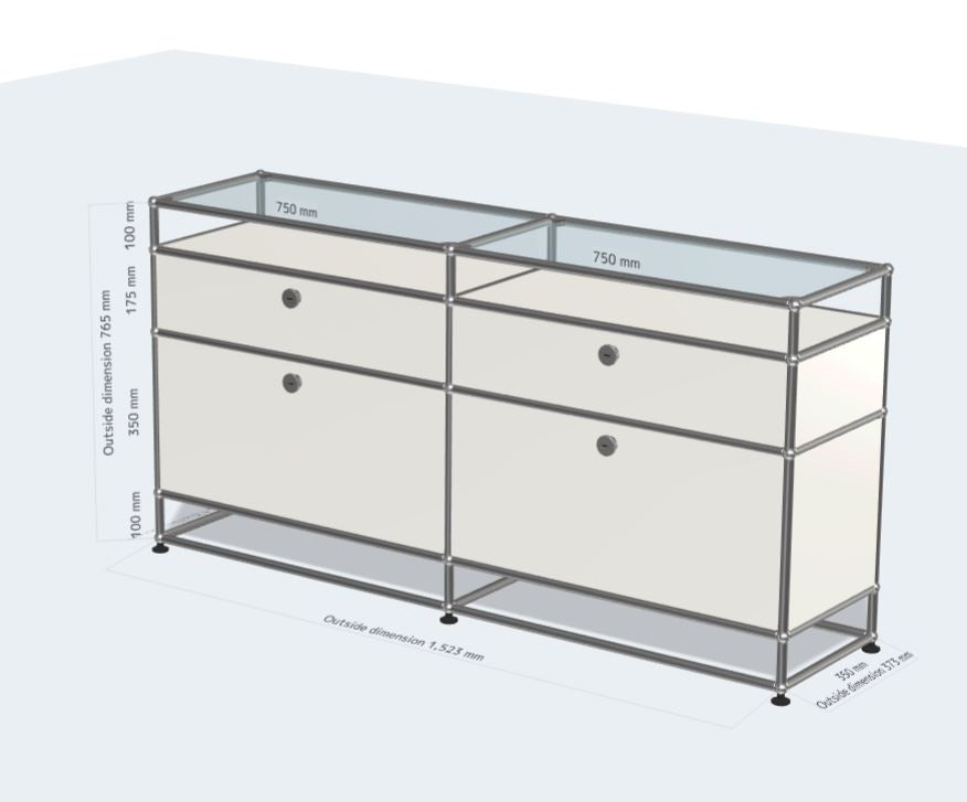 2x3 Module Sideboard (4 drop down doors, 2 glass panels, bottom legs) [W(750+750)XD350XH(100+350+175+100)]