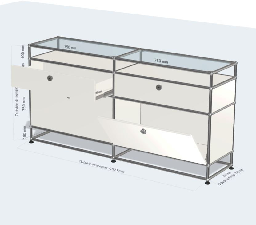 2x4 Module Sideboard (2 Drop-Down Doors, 2 Drawers, Top Glass, Bottom Legs) [W(750+750)XD350XH(100+350+350+100)]