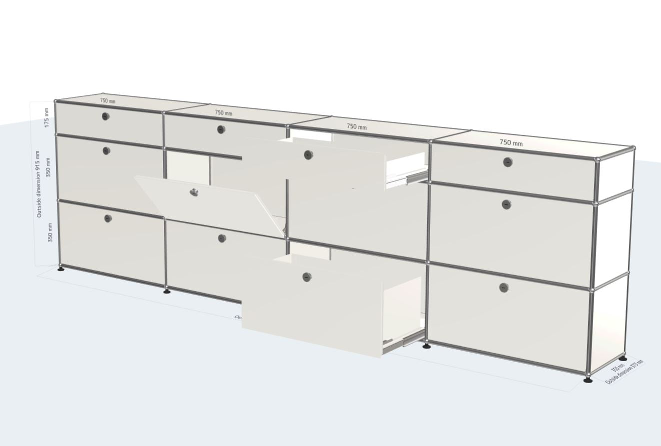 4x3 Modular Sideboard (4 Mid-Level Drop-Down Doors, 8 Top/Bottom Drawers) [W(750+750+750+750)XD350XH(350+350+175)]