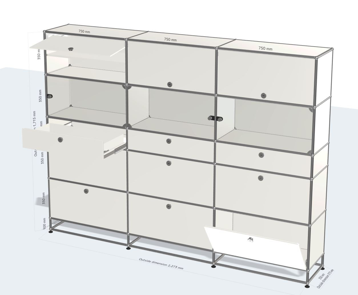3x6 Module High Board (6 drop down doors, 3 drawers, 3 glass doors, 3 flip up doors, 3 shelves) [W(750+750+750)XD350XH(100+350+350+175+350+350)]