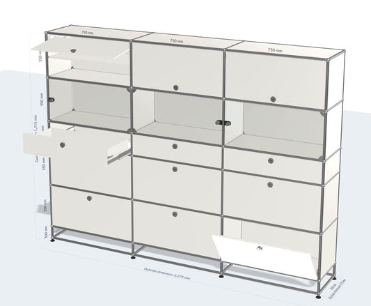 3x6 Module High Board (6 drop down doors, 3 drawers, 3 glass doors, 3 flip up doors, 3 shelves) [W(750+750+750)XD350XH(100+350+350+175+350+350)]