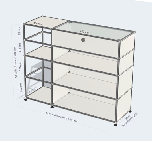 2x4 Modular Sideboard (1 Extension Door, 1 Glass Panel and Custom Open Shelves) [W(350+750)XD350XH(250+250+175+175)]