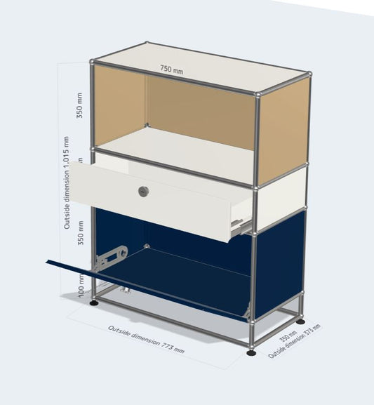 1x3 Module High Board Custom Color (Open Top, Drawer, 1 Drawer, 1 Drop-Down Door, Legs) [W750XD350XH(100+350+175+350)]
